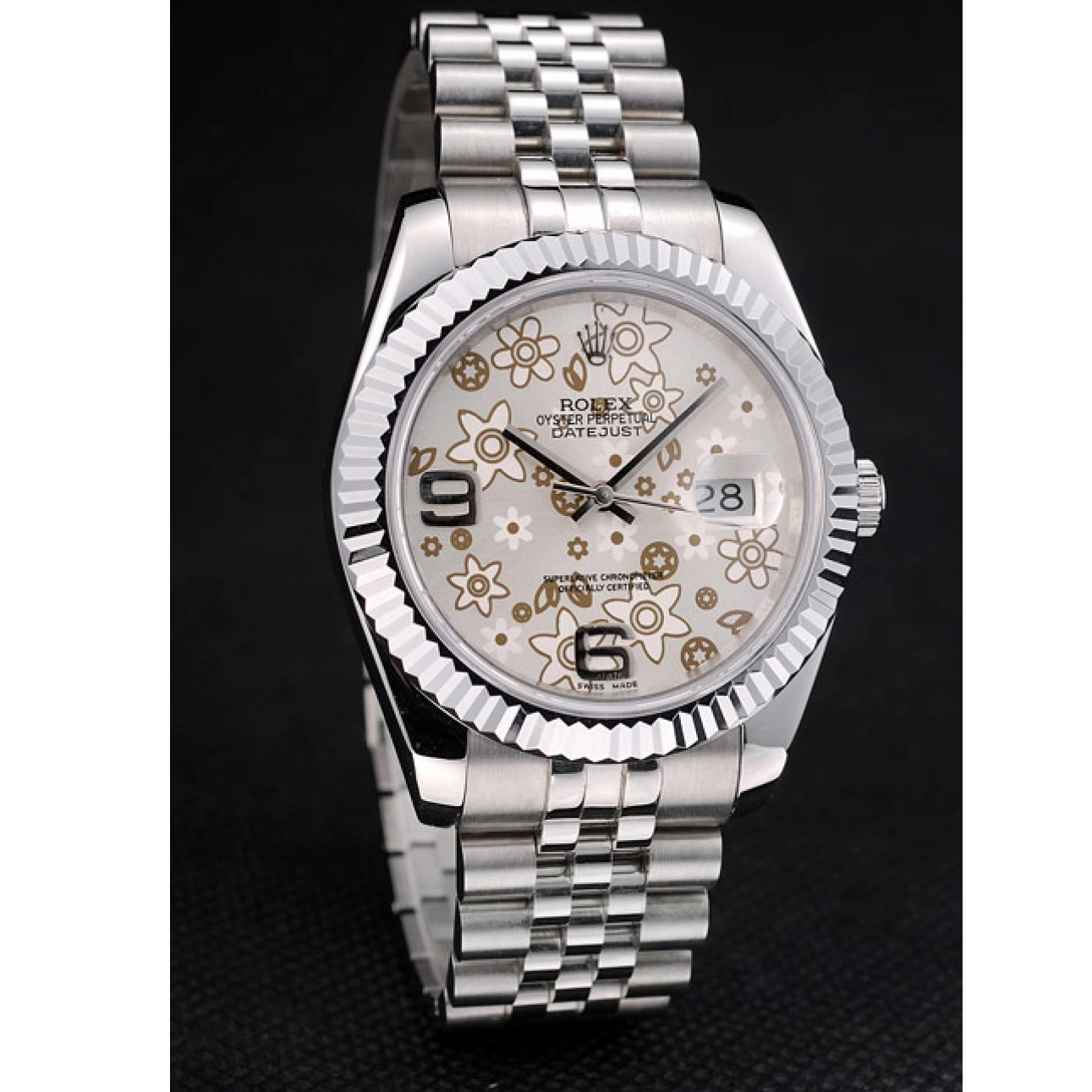 Aaa replica watch Silver DateJust Flower Dial Rolex Steel Stainless Bezel 41983 Ribbed 0729